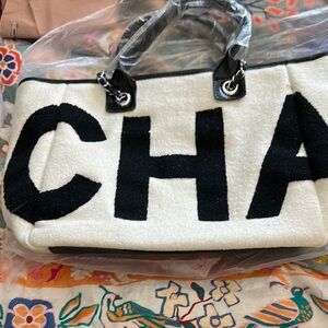 CHANEL Black and White Canvas Tote Bag